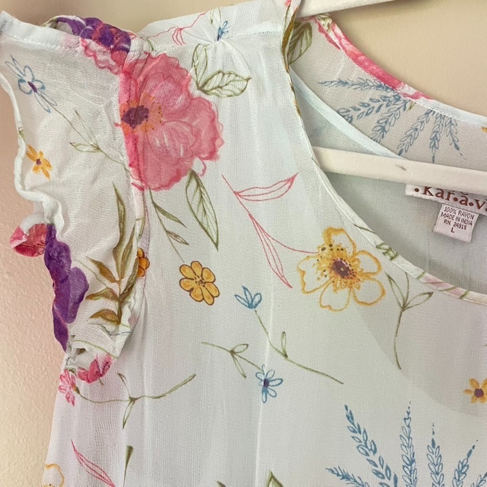 Karavan Light Blue Vintage Floral‎ Sheer Lined Flutter Sleeve Dress Size Large - Picture 3 of 6